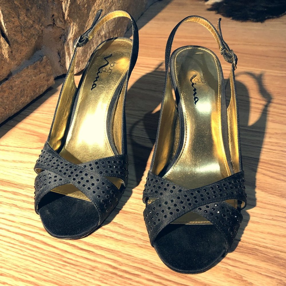 Embellished Black Satin Dress Sandals / Pumps